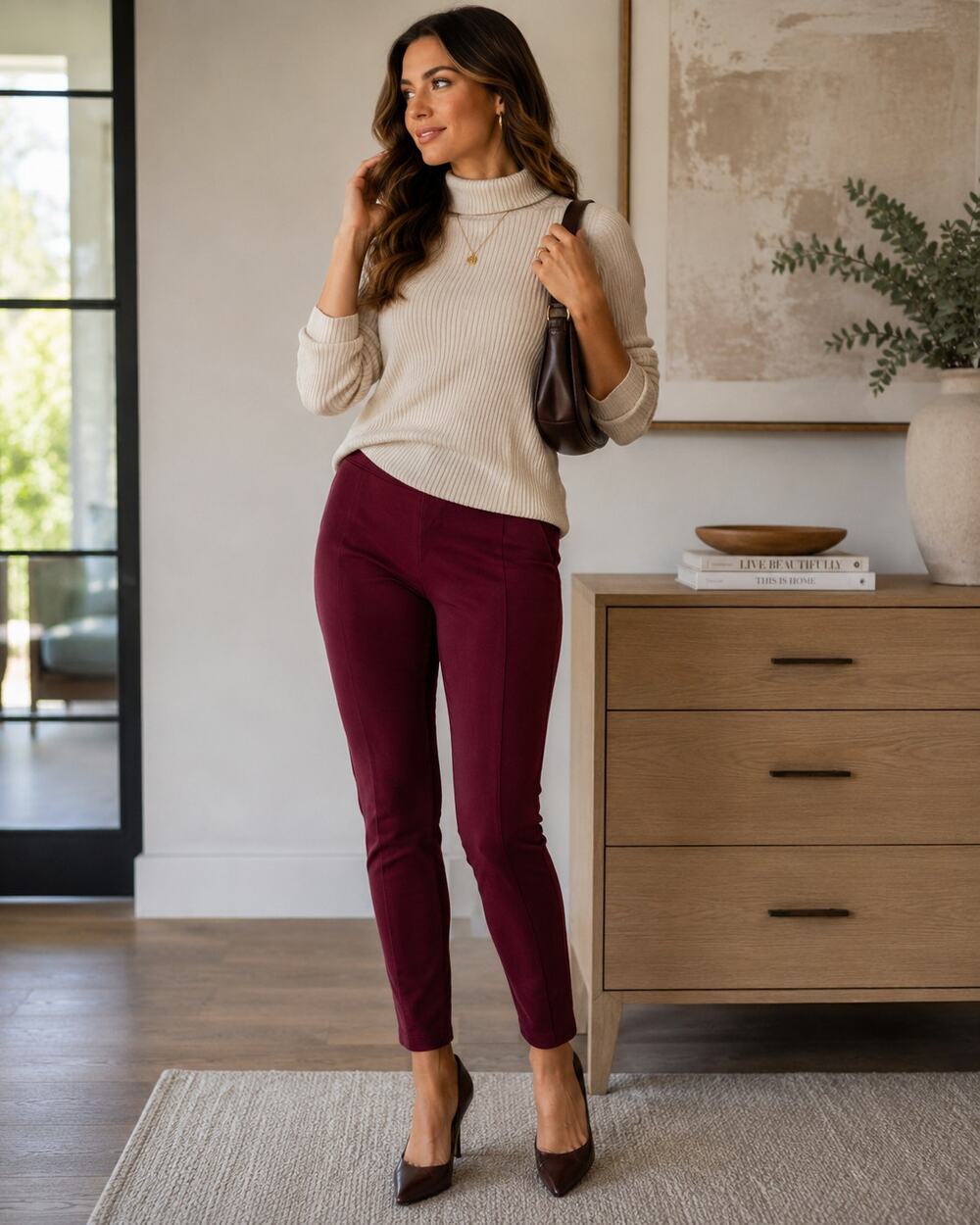 Eileen Fisher Washable Flex Ponte Slim Pants M Burgundy Tencel Pull On F23